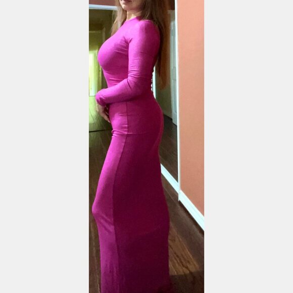 SKIMS Soft Lounge Long Sleeve SHIMMER FOIL Maxi Dress - Hot Pink - NWT - X - Picture 5 of 11